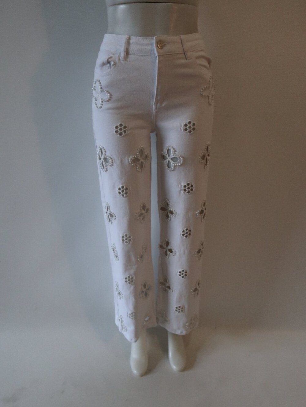 Womens The Noli Shop White, Pearls Cut Outs Boot Cut Jeans 26
